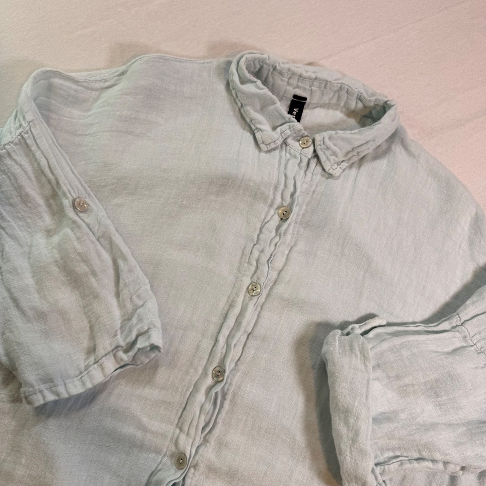 Venti6 Linen Button Down Shirt Womens M Powder Blue Roll Tab Sleeve‎ Resortwear